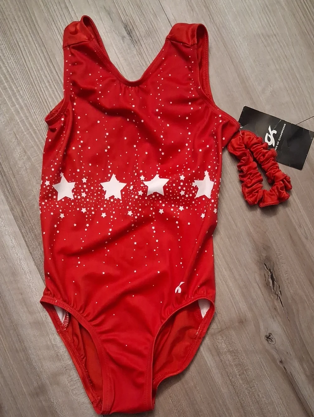 GK Red Star-Print Gymnastics Leotard with Scrunchie Size Child Medium (L)